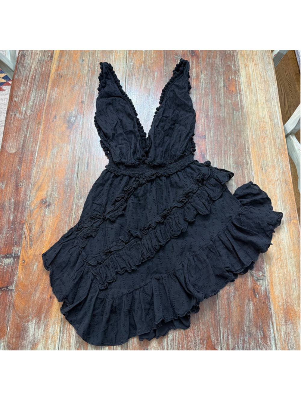 CHIO Di Stefania D Italy Black Pom Pom Asymmetrical Ruffle Mini Dress M Luxury